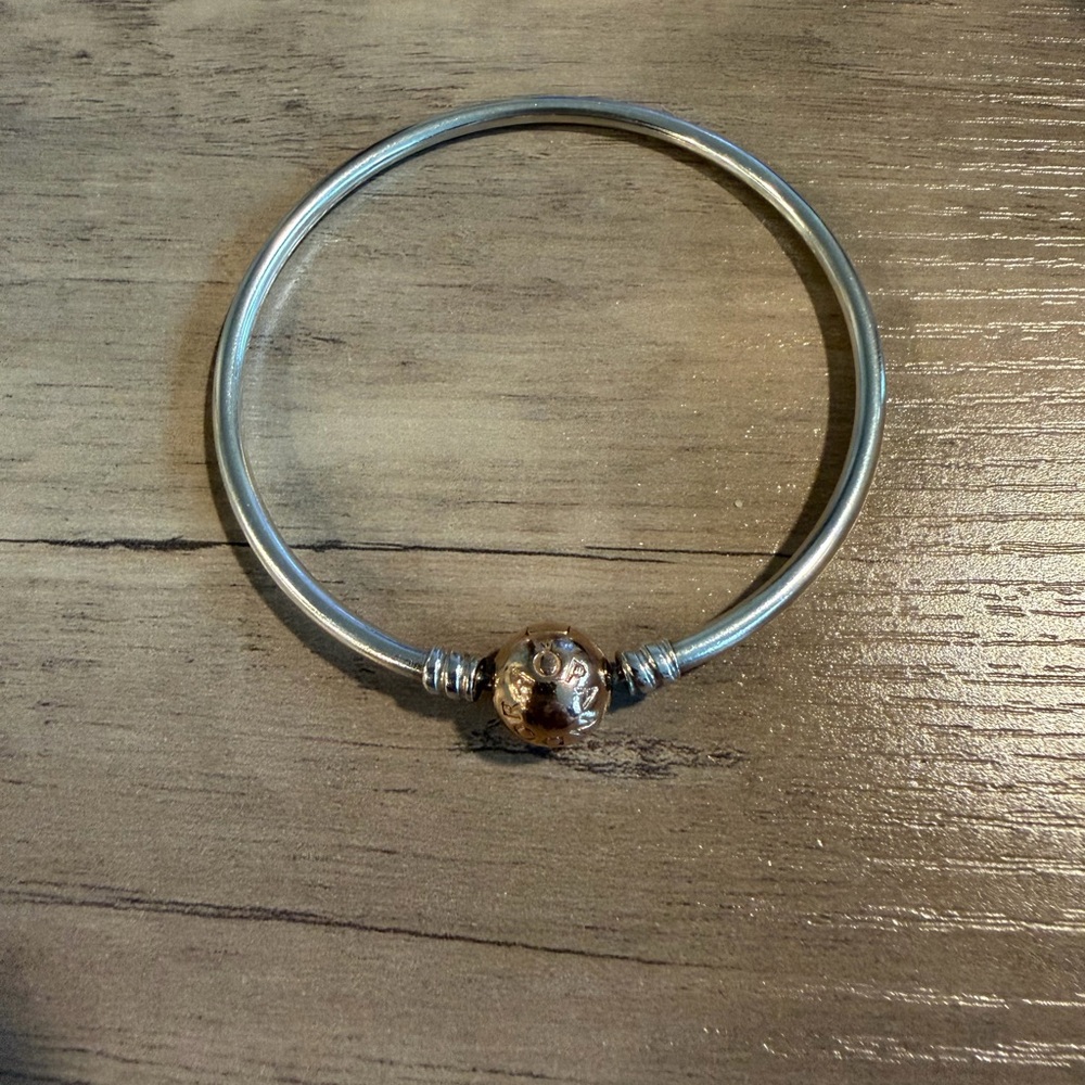 Pandora Silver Bangle with Rose Gold-Tone Clasp Bead size 19 medium
